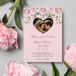 Photo elegant roses Valentine heart pink wedding Invitation