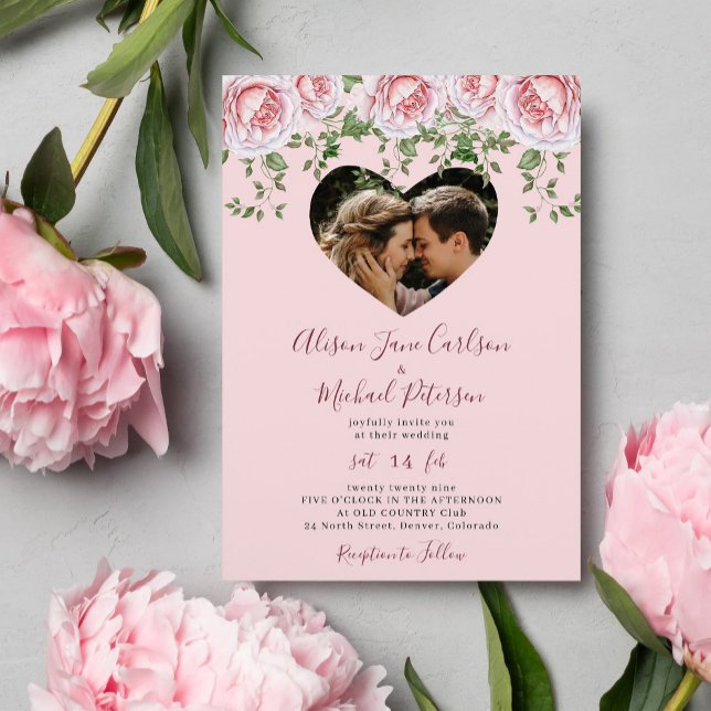 Photo elegant roses Valentine heart pink wedding Invitation (Creator Uploaded)