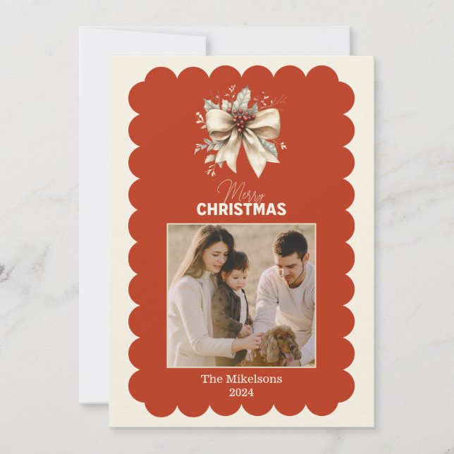 Photo Elegant Scallop Bow Christmas Holiday Card (Front)