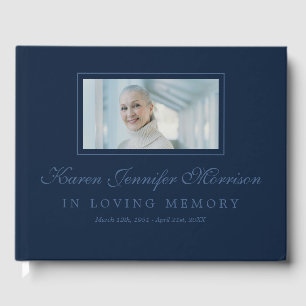 Photo Elegant Script Navy Blue In Loving Memory Guest Book