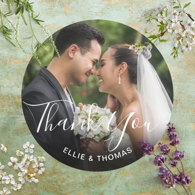 Photo Elegant Script Thank You Classic Round Sticker (Photo Elegant Script Thank You Classic Round Sticker)