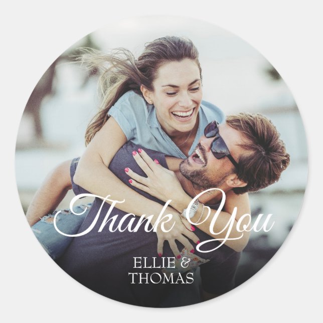 Photo Elegant Script Thank You Modern Classic Round Sticker (Front)