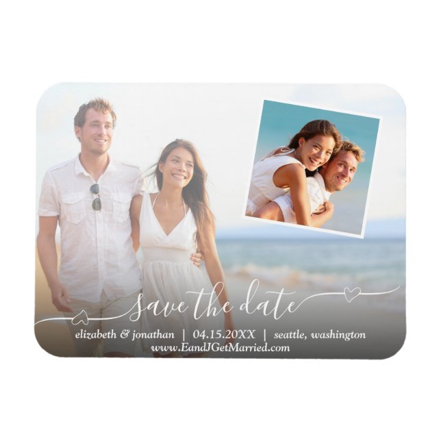 Photo Elegant Script with Hearts Modern Magnet (Horizontal)