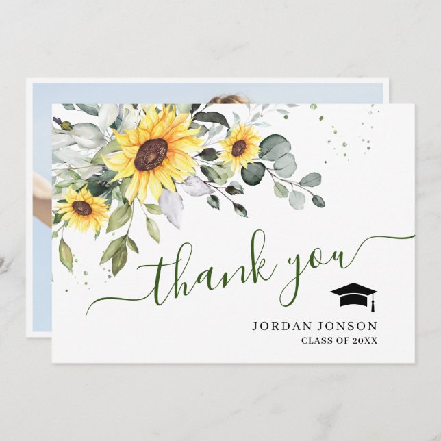 PHOTO Elegant Sunflowers Eucalyptus Graduation Thank You Card (Front/Back)