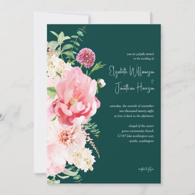 Photo Emerald Blush Dark Moody Floral Script Invitation (Front)