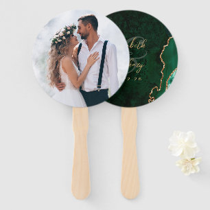 Photo Emerald Green Gold Agate Script Wedding Hand Fan