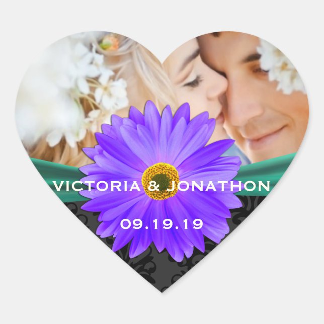 Photo Emerald Green Lavender Gerber Daisy Wedding Heart Sticker (Front)