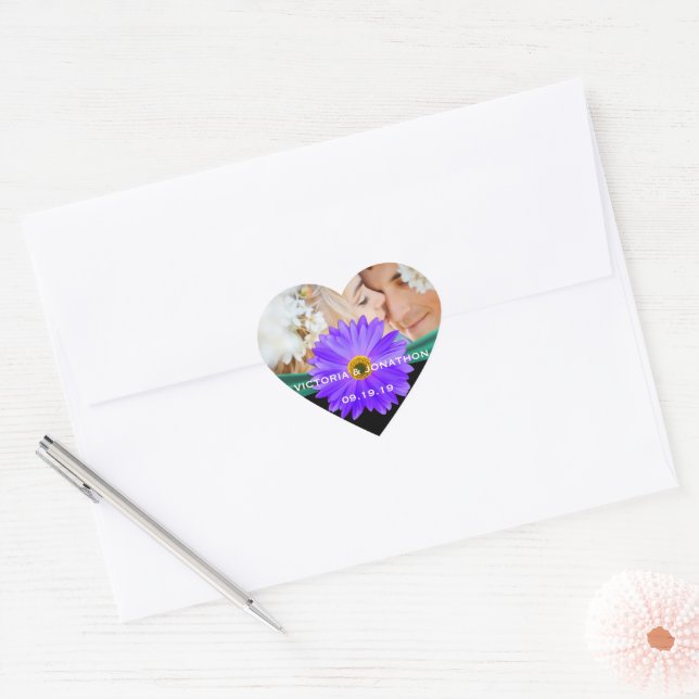 Photo Emerald Green Purple Gerber Daisy Wedding Heart Sticker (Envelope)