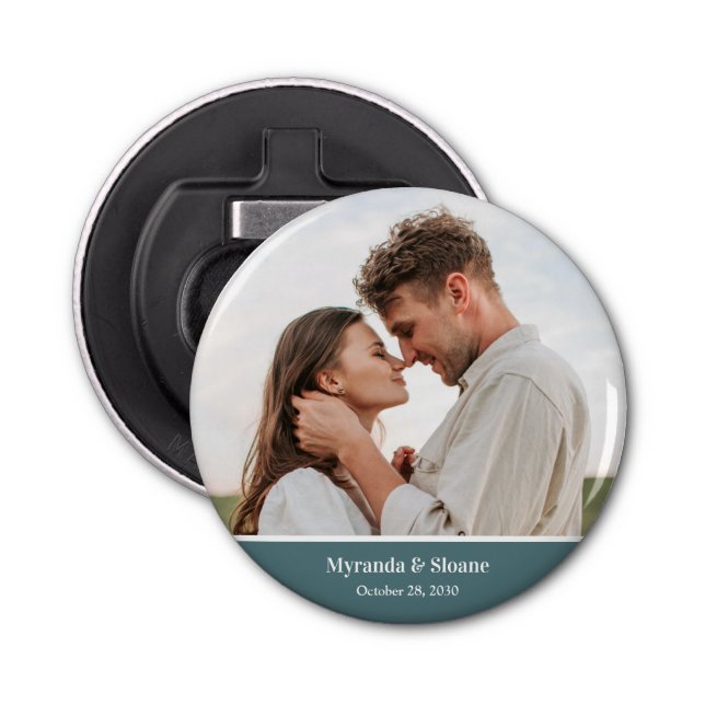 Photo Engagement Party Teal Button Bottle Opener (Front)