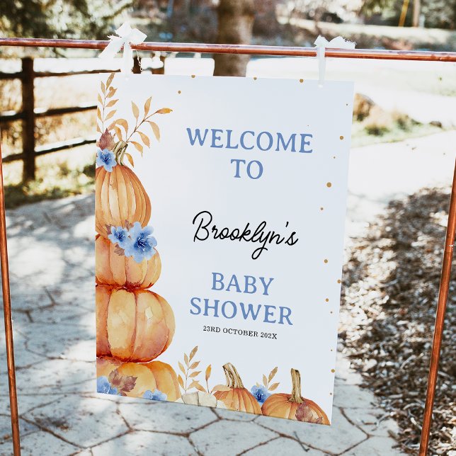 Photo Enlargement (Boys Fall Little Pumpkin Baby Shower Welcome Sign, Blue Floral Pumpkin Welcome Autumn Baby Shower)