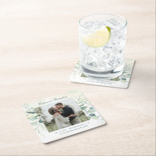 Photo Eucalyptus Rustic Wedding Save the Date Square Paper Coaster