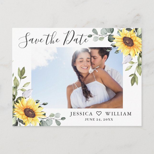 Photo Eucalyptus Sunflower Wedding Save the Date Postcard (Front)