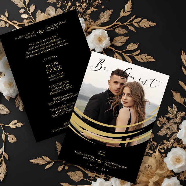 Photo Exquisite Modern Golden Abstract Shape Invitation (Exquisite Modern Faux Golden Abstract Geometric Shape Photo Wedding Invitation with Envelope.)