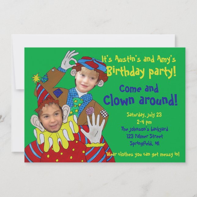 Photo Faces Clowns Birthday Party Invitation (Front)