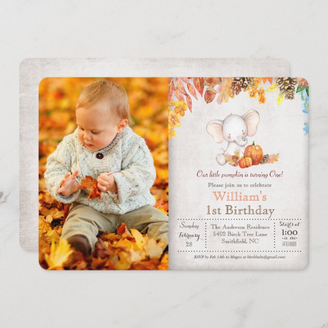 PHOTO - Fall Pumpkin 1st Birthday Invitation (Front/Back)