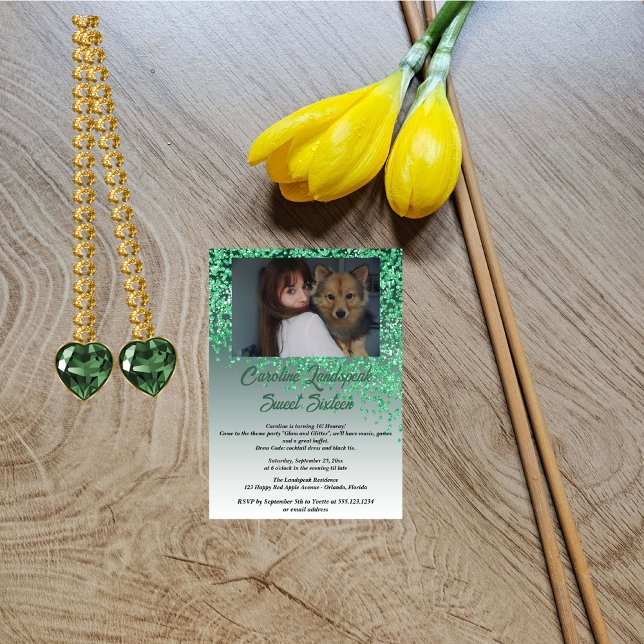 Photo & Falling Green Glitter Sweet Sixteen Invitation (Creator Uploaded)