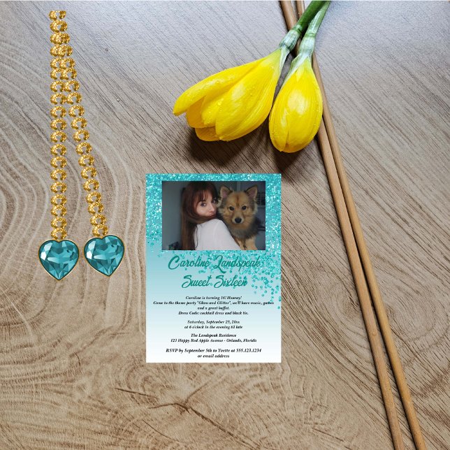 Photo & Falling Teal Blue Glitter Sweet Sixteen Invitation (Creator Uploaded)