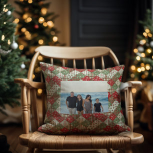 Photo family Christmas patchwork Green Red Cushion