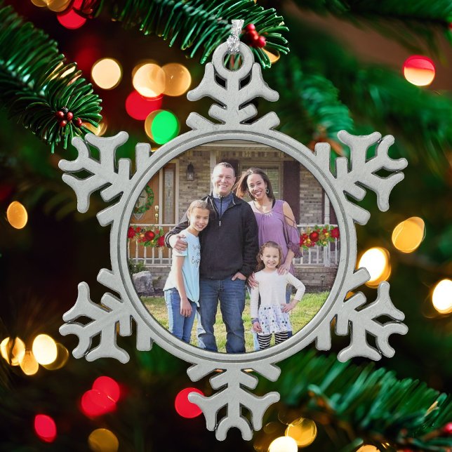 Photo Family Gift Cute Snowflake Pewter Christmas Ornament (Creator Uploaded)