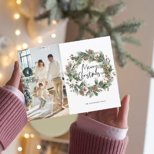  Photo Family   Merry Christmas Pine Wreath Postcard