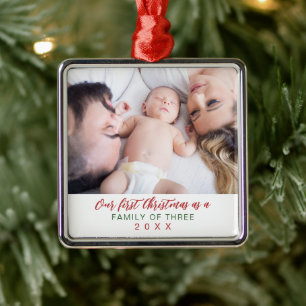 Photo Family of Three First Christmas Metal Ornament