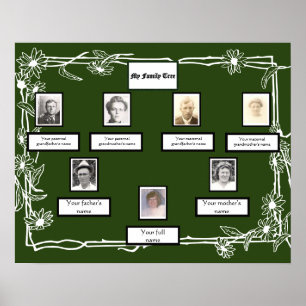 Photo Family Tree Daisy Art Border on Green Poster
