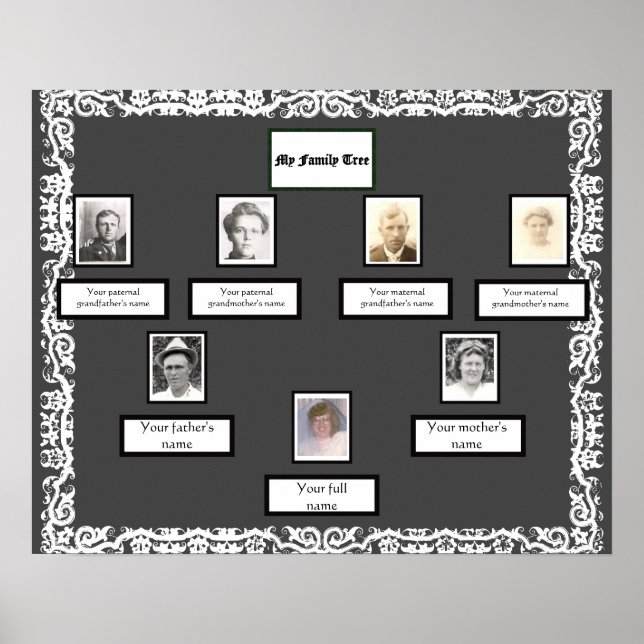 Photo Family Tree Lace Look Border on Dark Grey Poster (Front)