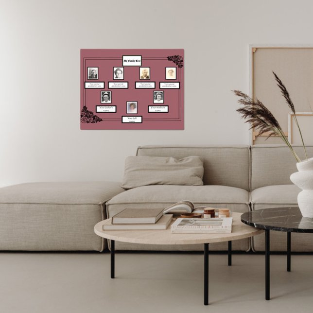 Photo Family Tree Rose Drawing Border on Dark Pink Poster (Creator Uploaded)