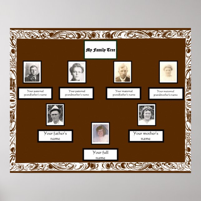 Photo Family Tree White Swirled Border on Brown Poster (Front)