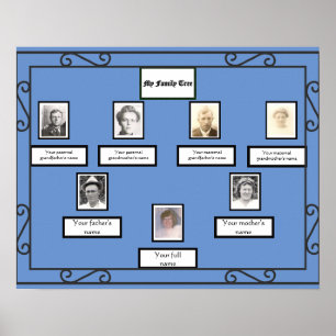Photo Family Tree Wrought Iron Look Border on Blue Poster