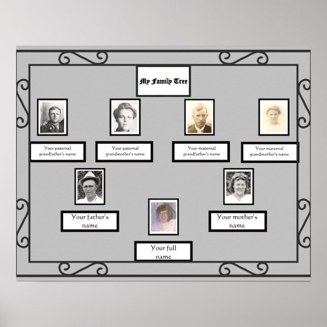 Photo Family Tree Wrought Iron Look Border on Grey Poster (Front)
