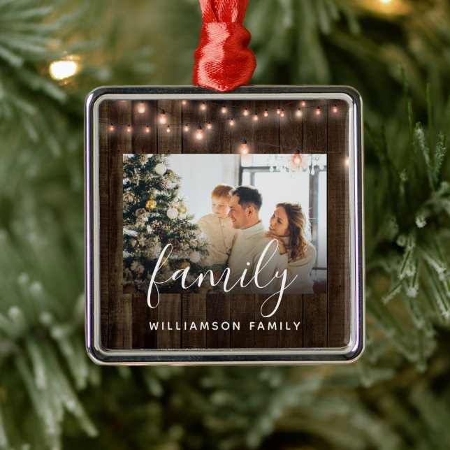 Photo Family Wood and Lights Holiday  Ceramic  Metal Ornament (Tree)