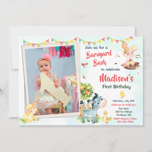 Photo Farm birthday invitation Farm animals invite (Front)