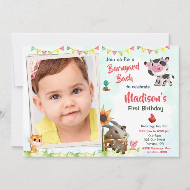 Photo Farm birthday invitation Farm animals invite (Front)