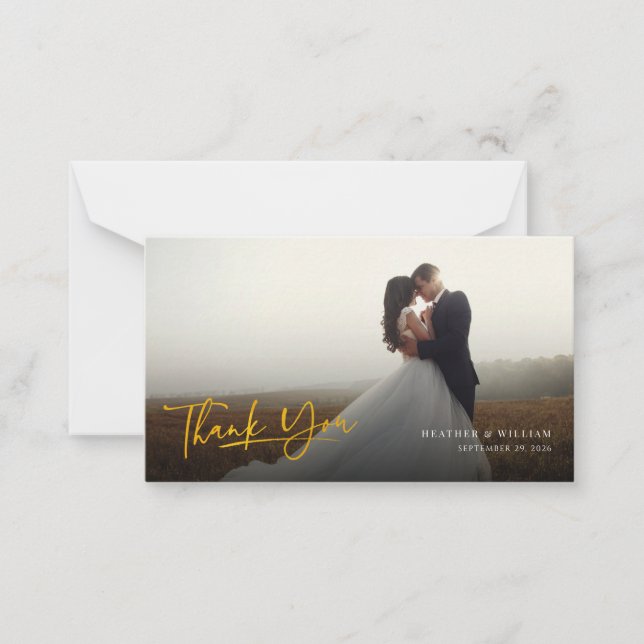 Photo Faux Gold Hand-Lettered Wedding Thank You No Card (Front)