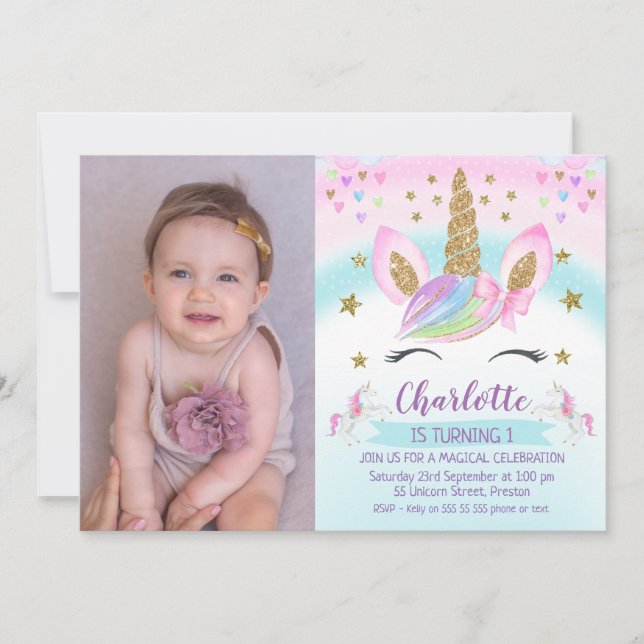 Photo Faux Gold Unicorn Rainbow 1st Birthday Invitation (Front)