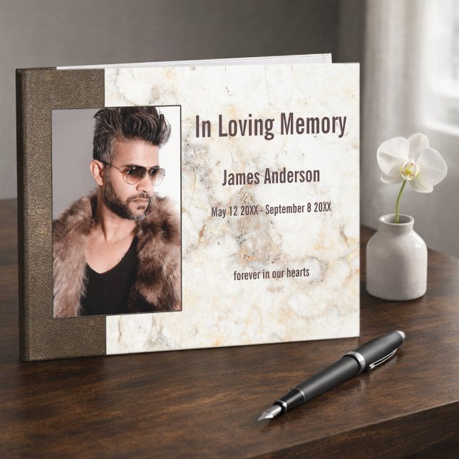 Photo Faux Leather Marble Guest Book (Guest book featuring your custom photo framed by a stylish marble and brown faux leather design)