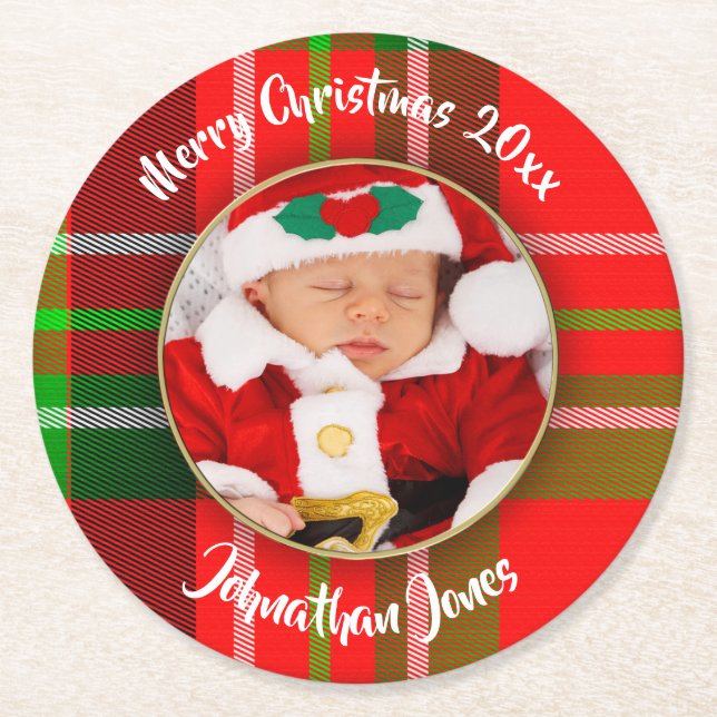 Photo - Festive Christmas Red Tartan Picture Frame Round Paper Coaster (Front)