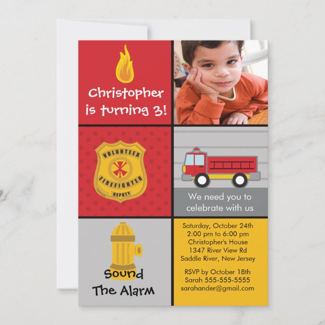 Photo Fireman Boy Firetruck Birthday Party Invitation (Front)