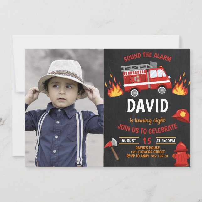 Photo Fireman Chalkboard Firetruck Boy Birthday Invitation (Front)