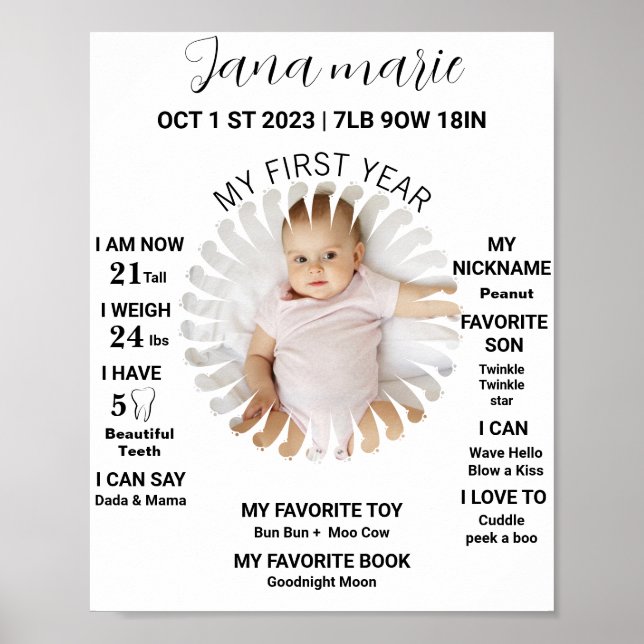  Photo First Birthday Milestone Board Template Poster (Front)