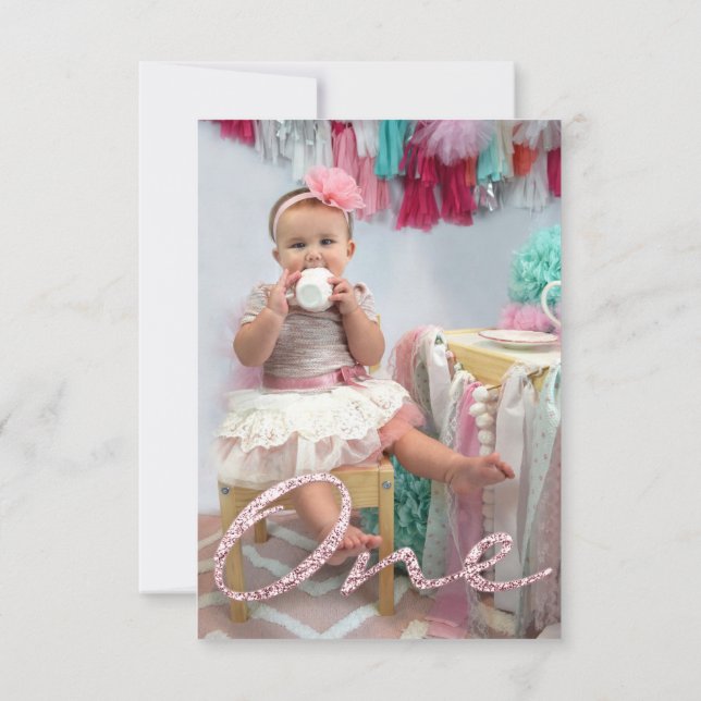 Photo First Birthday Party Glitter Rose One Pink Invitation (Back)
