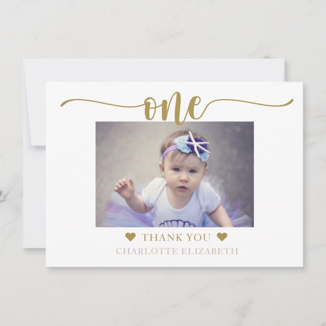 Photo First Birthday Purple Gold Thank You Card (Front)