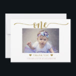 Photo First Birthday Purple Gold Thank You Card<br><div class="desc">Thank all of your first birthday party guests with this elegant script photo flat thank you card.  Customise text on the front/back and add a photo to create a personalised first birthday thank you card.</div>