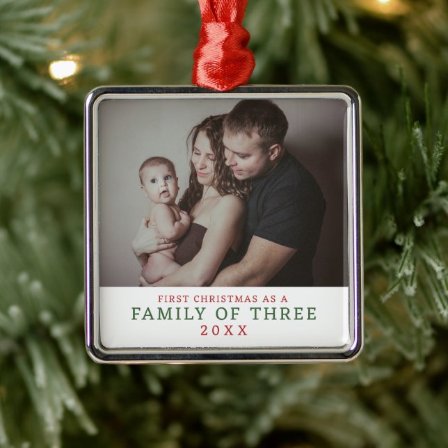 Photo First Christmas As Family of Three Metal Ornament (Tree)