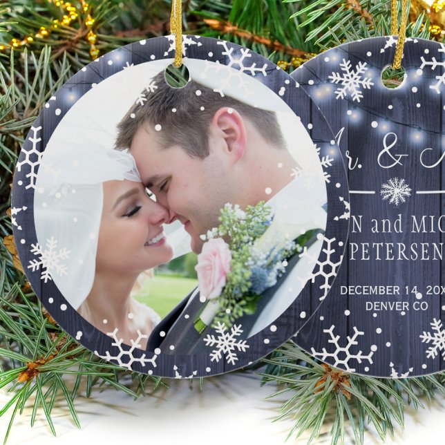Photo First Christmas as Mr and Mrs rustic winter Ceramic Ornament (Creator Uploaded)