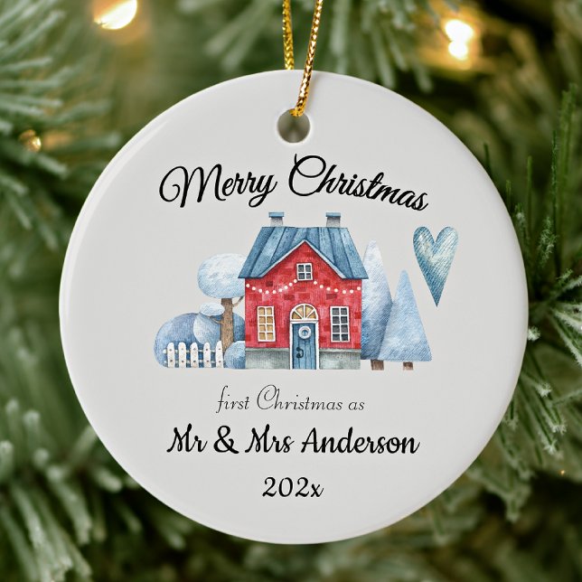 Photo First Christmas As Mr & Mrs Newlyweds Round Ceramic Ornament (Creator Uploaded)