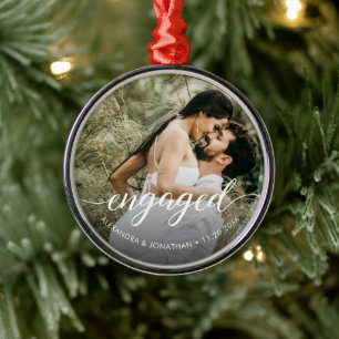 Photo First Christmas engaged Elegant White script Metal Ornament
