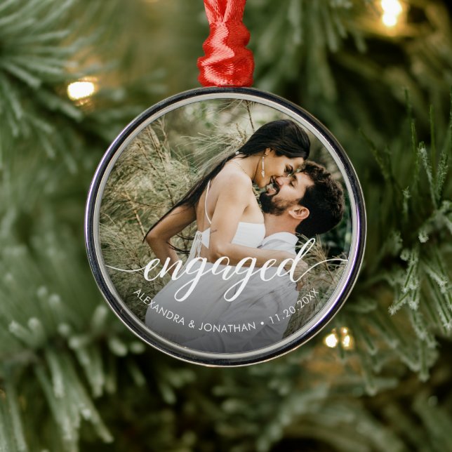 Photo First Christmas engaged Elegant White script Metal Ornament (Tree)