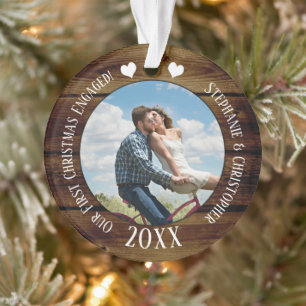 Photo First Christmas Engaged Vintage Wood Couples Ornament